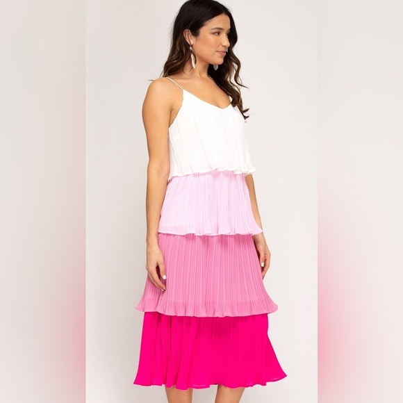 COLOR ME HAPPY TIERED COLOR BLOCK DRESS- PINK She + Sky Size M NWOT - Picture 1 of 7